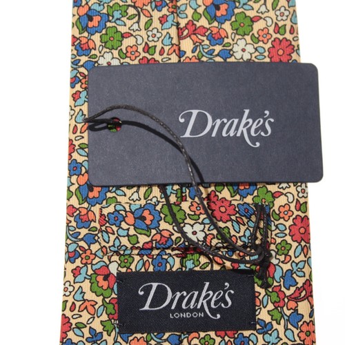 Drake's NWT Neck Tie in Yellow / Multicolor Mini Floral Print 100% Silk - Picture 7 of 8
