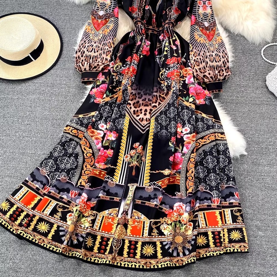 Vintage Women Dress Elegant Long Maxi Dresses Stand Neck Female Boho eBay
