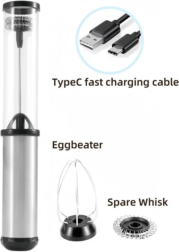 Milk Frother Rechargeable Handheld - Electric Whisk/Frother Wand for Silver