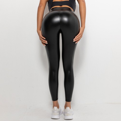 Damen hochtaillierte dehnbare Kunstleder-Leggings sexy formende Hüfte Push UP Hose - Bild 5 von 12
