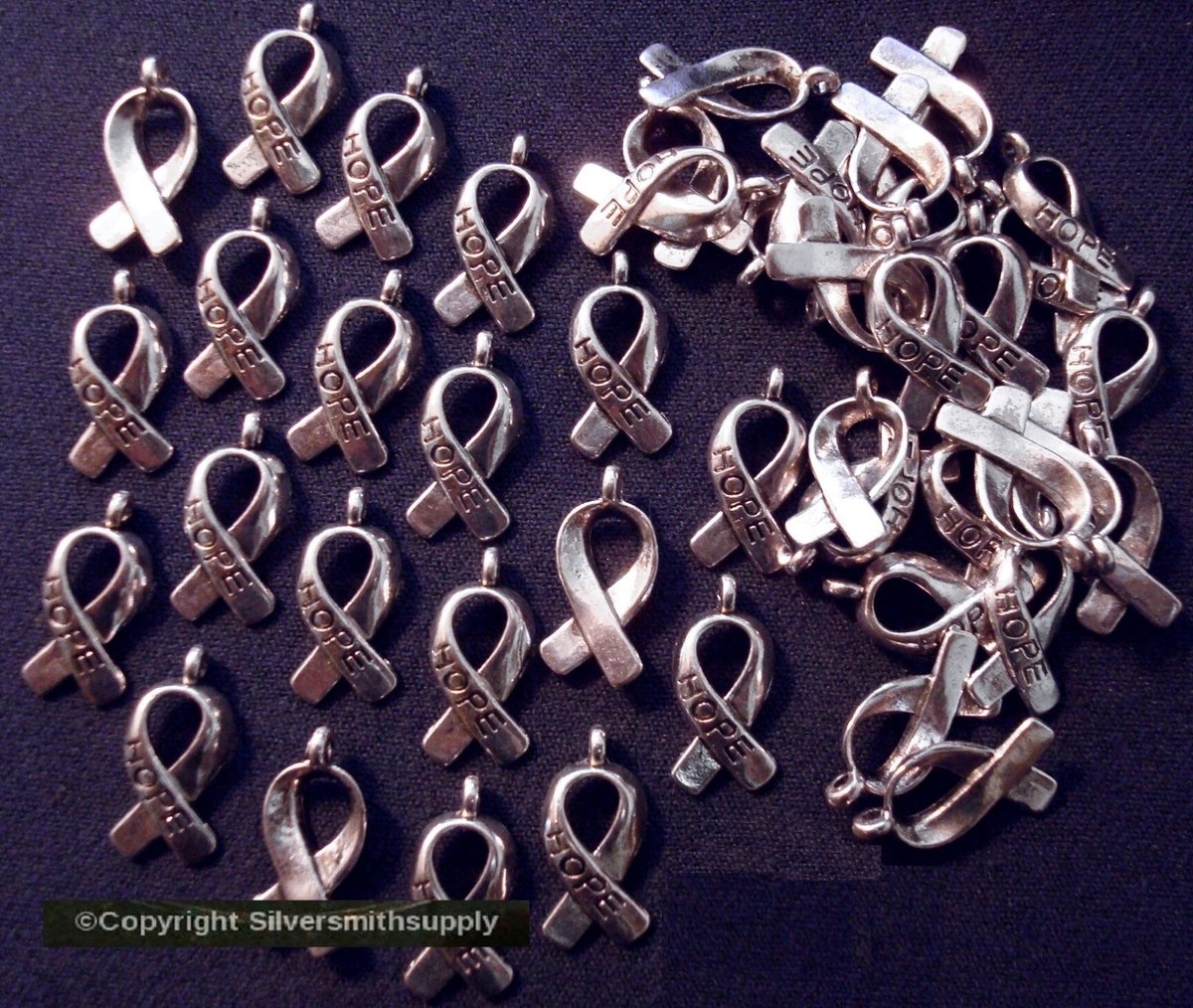 50 Cancer awareness hope ribbon charms silver plated zinc
