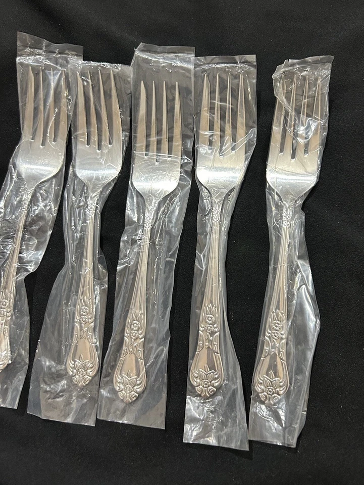"Lote de 5 tenedores de ensalada Gibson de acero inoxidable con mango adornado floral de 6 5/8""" Foto 4 de 4
