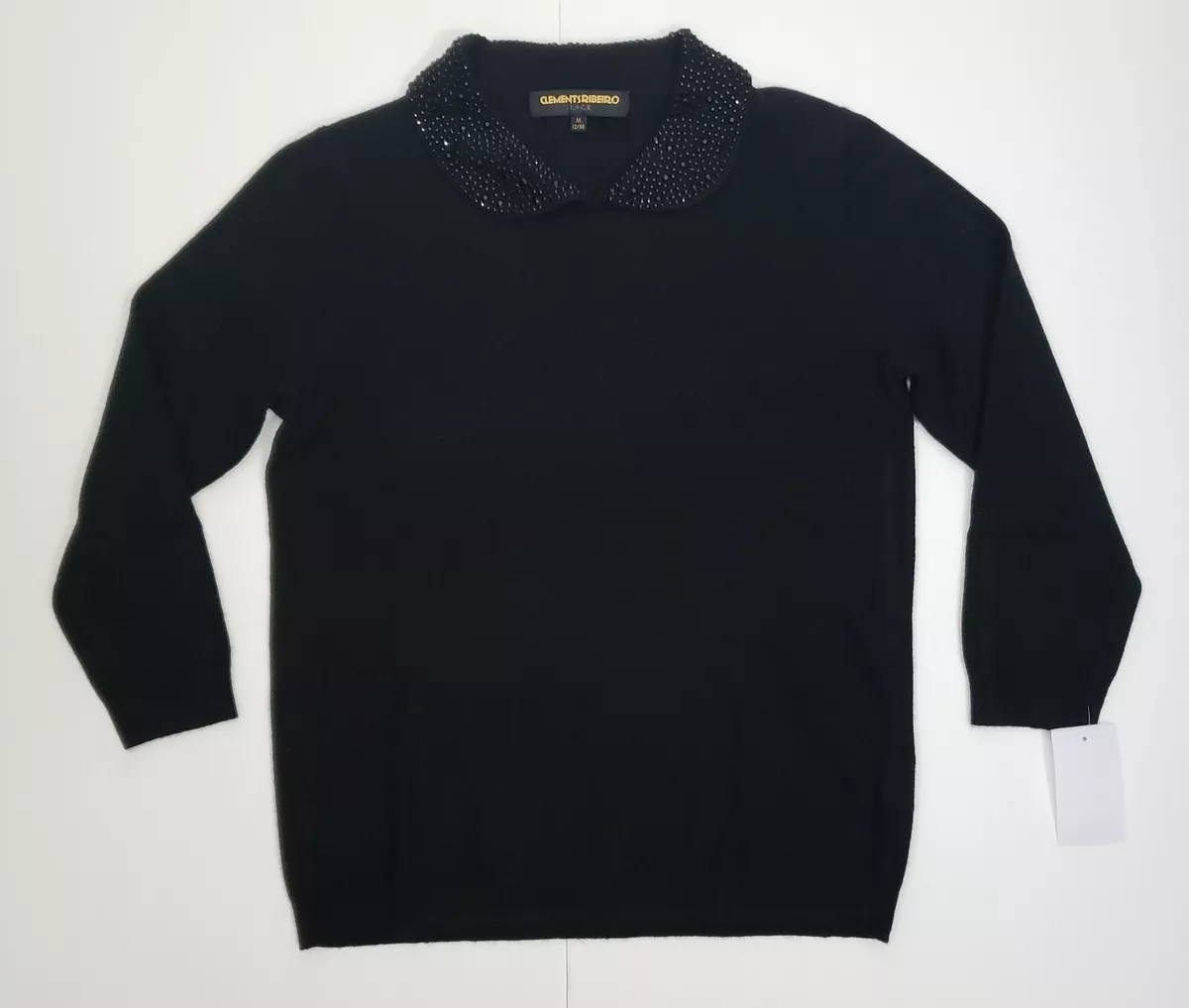 Ladies black jumper top with white collar