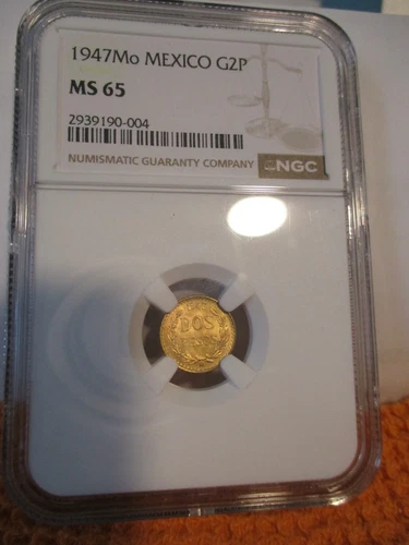 1947 GOLD DOS PESO MEXICAN COIN, RARE , NGC GEM MS 65 RARE 25,000 MINTED