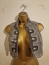River Island Grey Silver Denim Biker Crystal Stud Gilet Waistcoat Jacket 4 6 8 