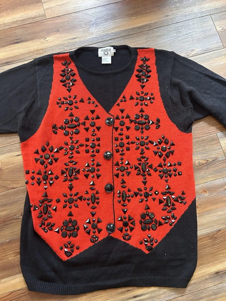 Chaleco Suéter Navidad Cervelle Negro Rojo Lentejuelas Cuentas Años 80 Vacaciones Vintage XL Foto 4 de 4