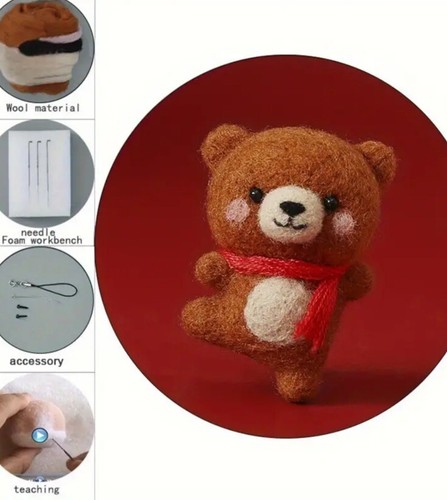 Needle Felting DIY Kit 3D Bear Holiday Brown Bear With Scarf Wool Arts Crafts - Picture 2 of 6