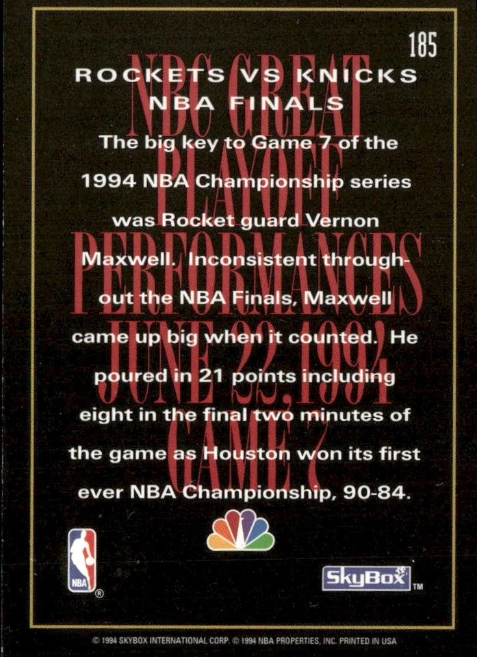 1994-95 SKYBOX VERNON MAXWELL HOUSTON ROCKETS #185 - Image 2 of 2