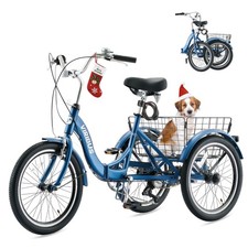 VIRIBUS 20in Folding Tricycle 7 Speed 3 Wheel Bike w Dual Chain Adults Navy Blue