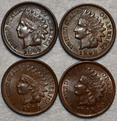 4x AU-UNC Indian Head Cent, 1891, 1892, 1900, & 1901, Lustrous.