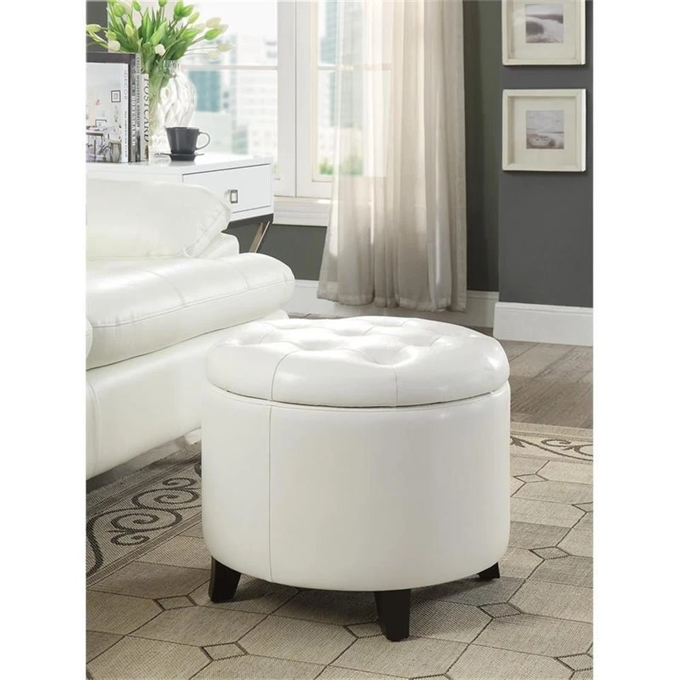 Convenience Concepts Designs4Comfort Round Ottoman in Ivory Faux Leather Fabric - Image 3 of 4