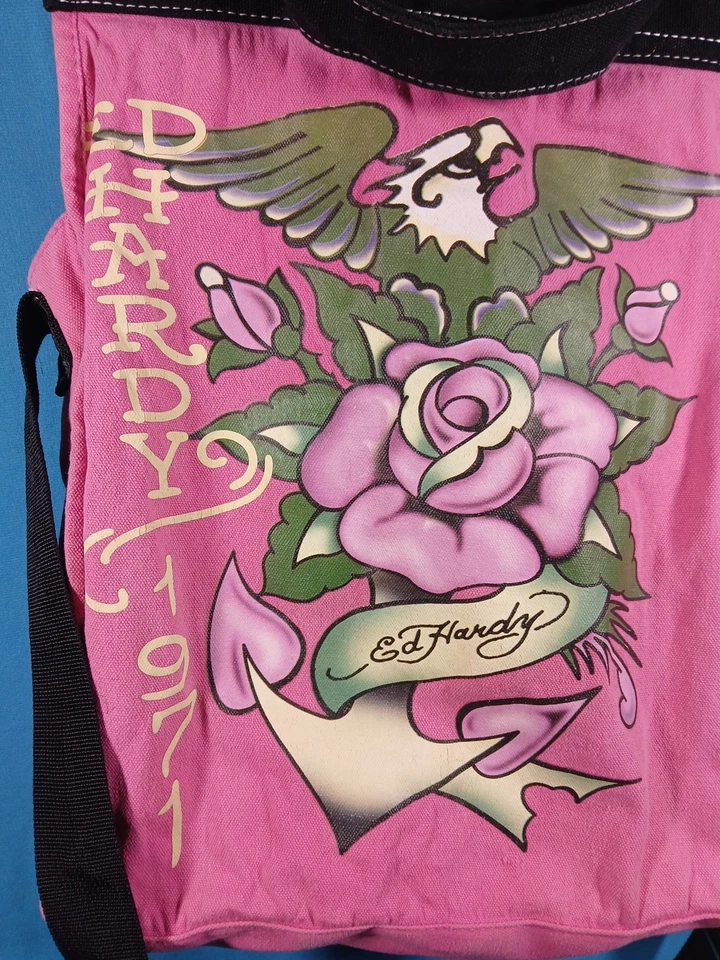 Ed Hardy  Tote Bag Canvas  Purse Hot Pink & Black Crossbody w / Double Handles   - Image 2 of 4