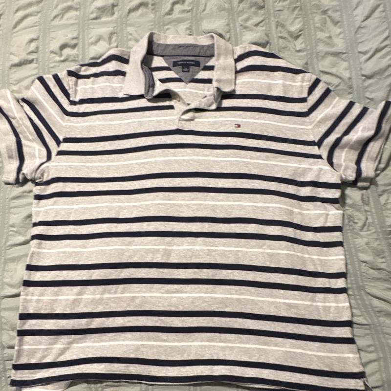 Tommy Hilfiger Men’s XXL Gray Navy Striped Short Sleeve Polo Embroidered Logo
