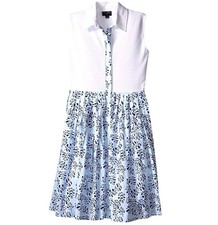 Oscar de la Renta Girls Cotton Dress Button Down Collar Blue Tropical Palm Sz 12