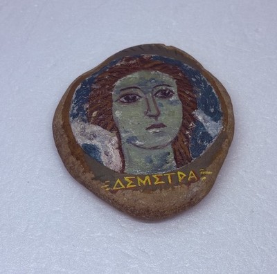 Rare 1940s Greek Painted Paperweight Stone  Demetra  Woman s Portrait Art 25