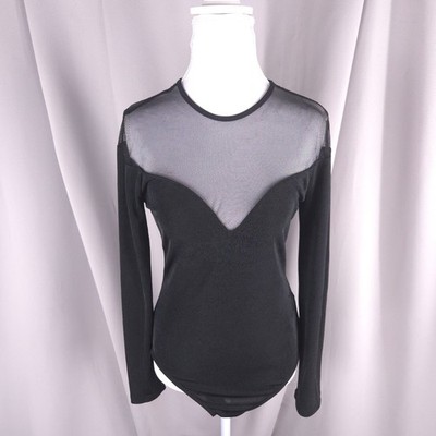 Grey Lab Bodysuit Womens M Black Mesh Liquid Knit Stretch One Piece Top