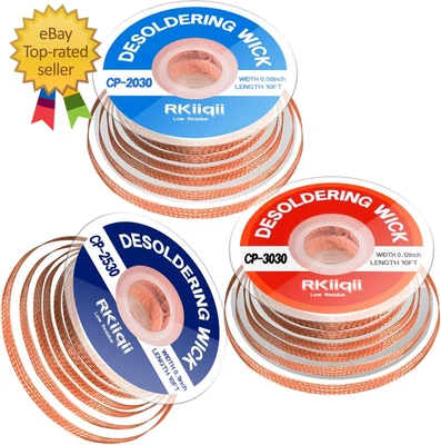 RKIIQII 3Pcs Solder Wick Braid Kit with Flux, Low Residue Desoldering Wire 10ft Each
