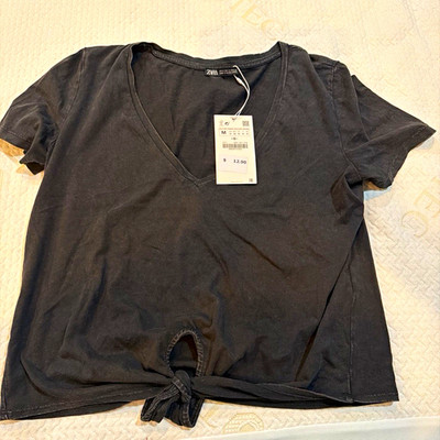 Zara Women s Black V-Neck Short Sleeve Tie-Front Cotton Knit Tee Size M