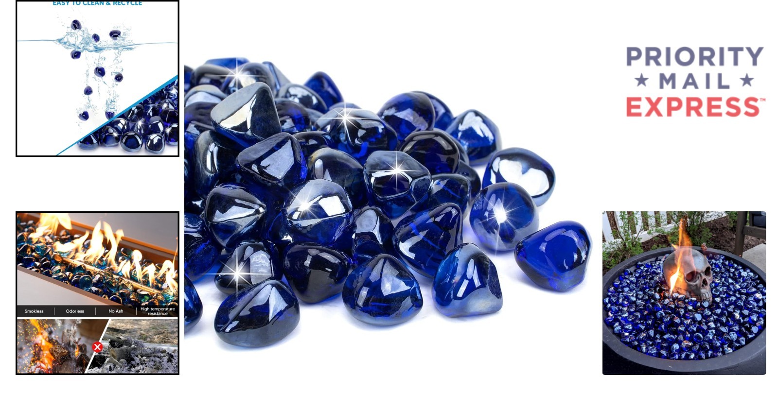 Gorgeous Cobalt Blue Reflective Fire Glass Rocks, 20 lbs - 1 Inch for Fire Pits