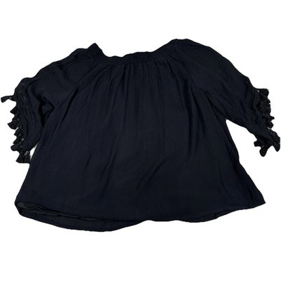 Context By Lord & Taylor Women's XL Black Peasant Blouse Tassel Tiered Sleeve