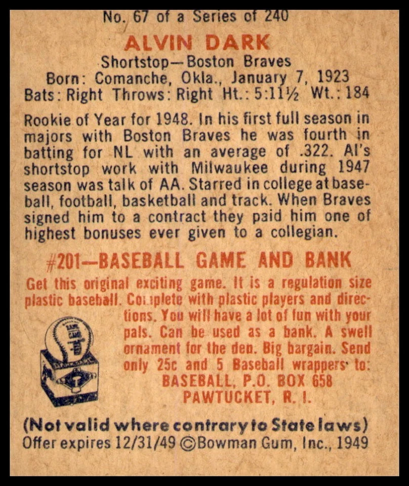 Tarjeta de béisbol Alvin Dark 1949 Bowman #67 EX Braves Foto 2 de 2
