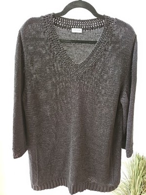 Gerry Weber Edition Black Loose Knit Tunic Sweater Crocheted Vneck 3/4 Slv Sz XL