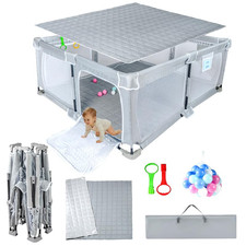 Portable Foldable Baby Playpen 50"x50" with Mat Breathable Mesh Gates
