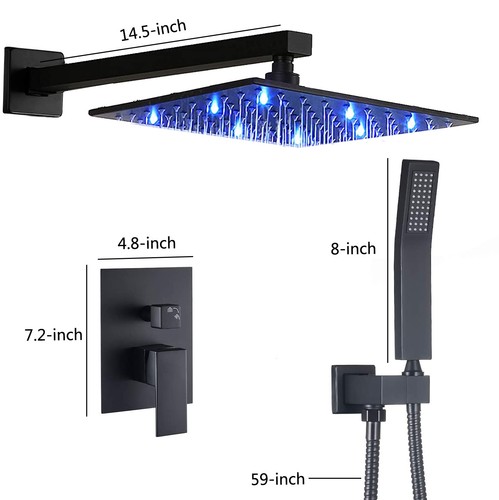 Black Shower Faucet Set LED Rainfall 12"Shower Head Combo Kit with Mixer Valve - Picture 2 of 9