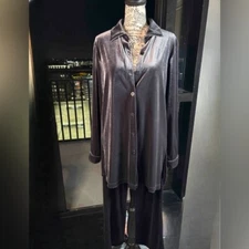 NY & Co Brown Velour Buttoned Long Sleeve Top & Wide Leg Pants Size Small