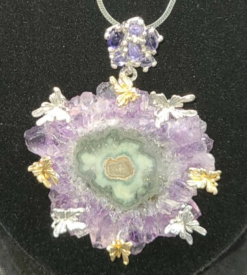 Amethyst Stalactite Sterling Silver Pendant with iolite accents on the bail