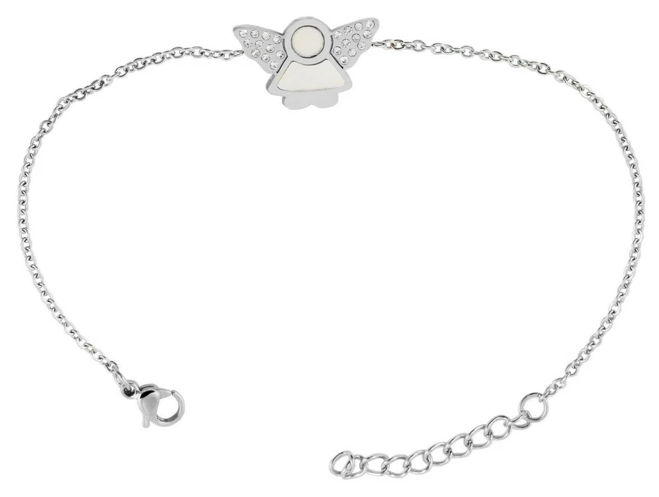 Edelstahl Armband Armkette Engel Perlmutt 17cm - 20cm Ankerkette Zirkonia Strass - Bild 2 von 4