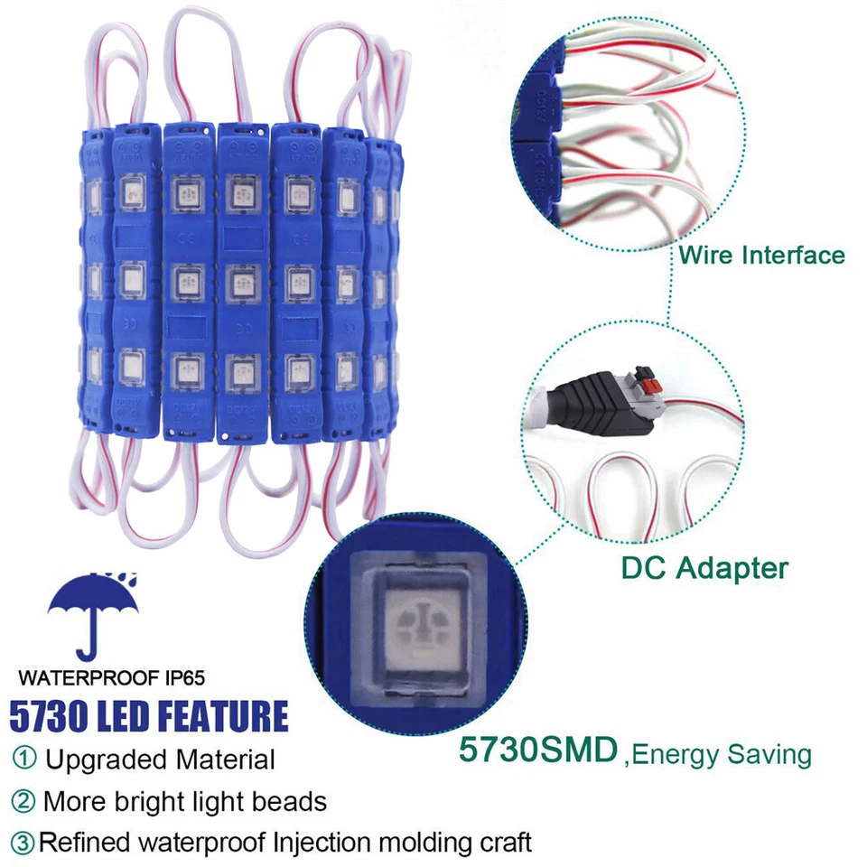 5730 SMD 3 LED Module Injection Dimmable Light Strip Sign Lamp DC 12V Light Blue - Image 2 of 4