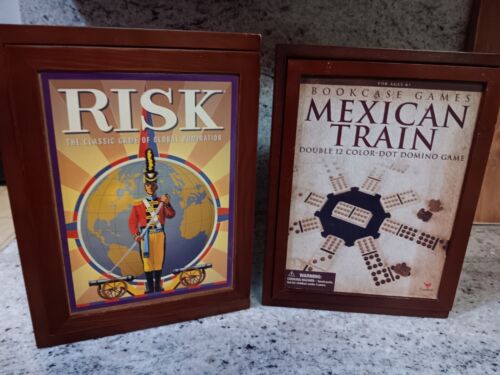 Lot Of 2 Wooden Bookcase Edition Game MEXICAN TRAIN & RISK COMPLETE  - Picture 1 of 17