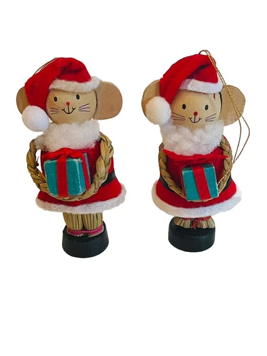 2 Vintage Avon Santa Country Mouse Christmas Ornaments Straw