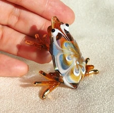 Amber Blue Frog Toad figurine hand blown art glass 1.75" gild Decor Gift Cute