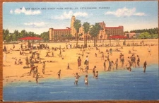 Linen Postcard UNP Spa Beach and Vinoy Park Hotel St. Petersburg Florida