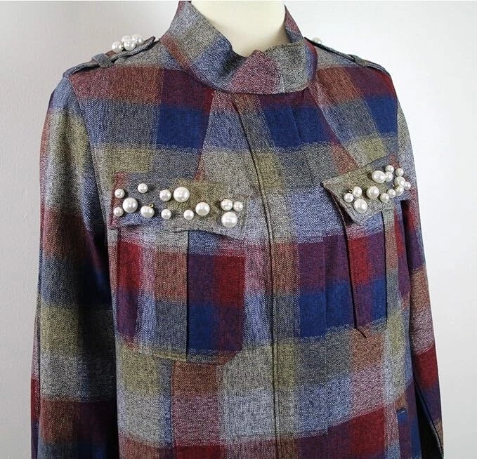 Chaqueta para mujer CAbi talla L a cuadros multicolor collage cremallera adornada con perlas #3555 Foto 2 de 4