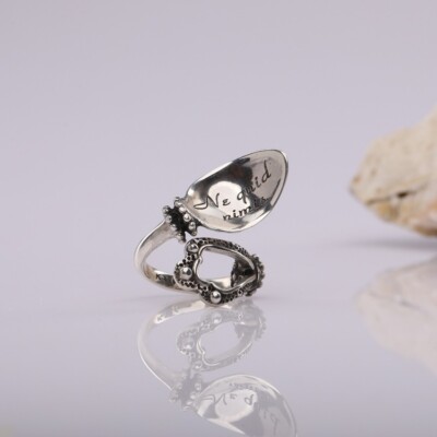 Kara Silver 925 Sterling Silver Spoon Ring with Latin Phrase 'Ne quid nimis'