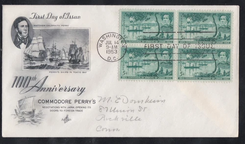 USA 1953 FDC 100th ANNIV COMMODORE PERRY'S TRIP TO JAPAN IN BLOCK OF 4 + CACHET
