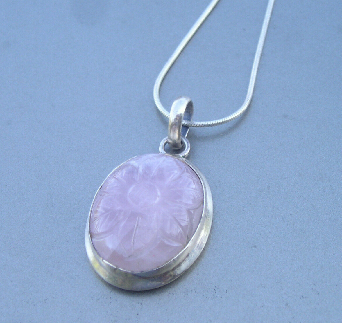 Vintage Sterling 925 Carved Rose Quartz Flower Pendant Necklace eBay