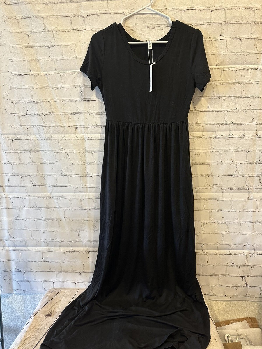 EUOVMY Womens Short Sleeve Loose Maxi Dresses Casual Long Dress w/ Pockets  Black