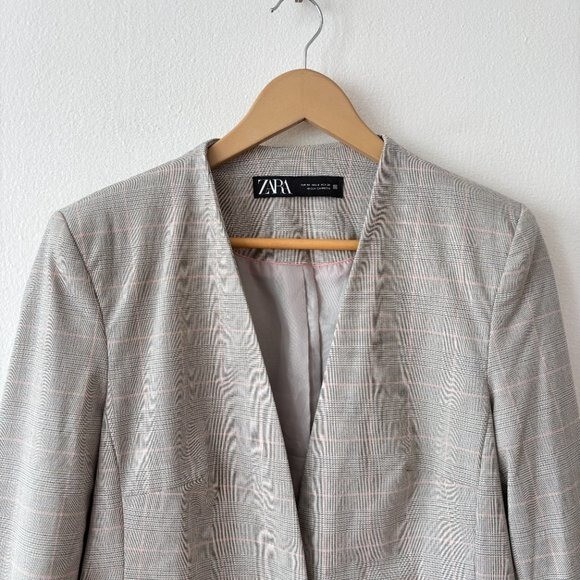 Zara Basic Check Blazer Collarless Tan Size 8 - image 5