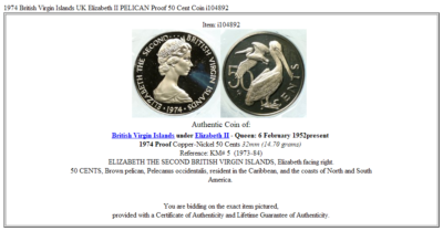 1974 British Virgin Islands UK Elizabeth II PELICAN Proof 50 Cent