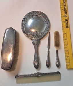 ANTIQUE STERLING SILVER 5 PC DRESSER SET ART NOVEAU MIRROR BRUSH COMB TOOLS