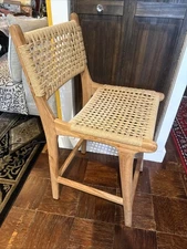 Solid Teak Natural Braided Rope Counter Stool With Back 