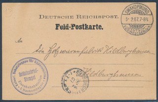 DSW Feldpostkarte Briefstempel Eisenbahnbataillon Swakopmund 1907 signiert (3033