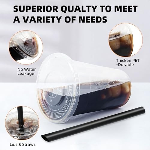 16oz Disposable Clear Plastic Cups Lids Straws Smoothies Milkshakes Cold Drinks - Picture 5 of 7