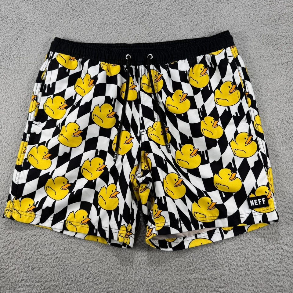 Neff 男式大号黑色白色橡胶鸭印花速干泳裤游泳短裤 — 第 2/4 张图片
