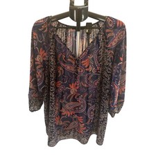 Chaps 2X Blue Paisley Print Sheer V Neck Long Sleeve Boho Tunic Top