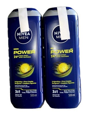 2 X Nivea Men Power Fresh Shower Gel / Body Face & Hair 24H Fresh Effect 500 ml